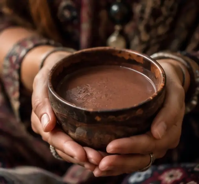 Bol de cacao cérémoniel tenu dans les mains